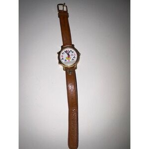 Lorus Disney Mickey Mouse Quartz Watch Brown Leather Strap Gold Tone PLS READ